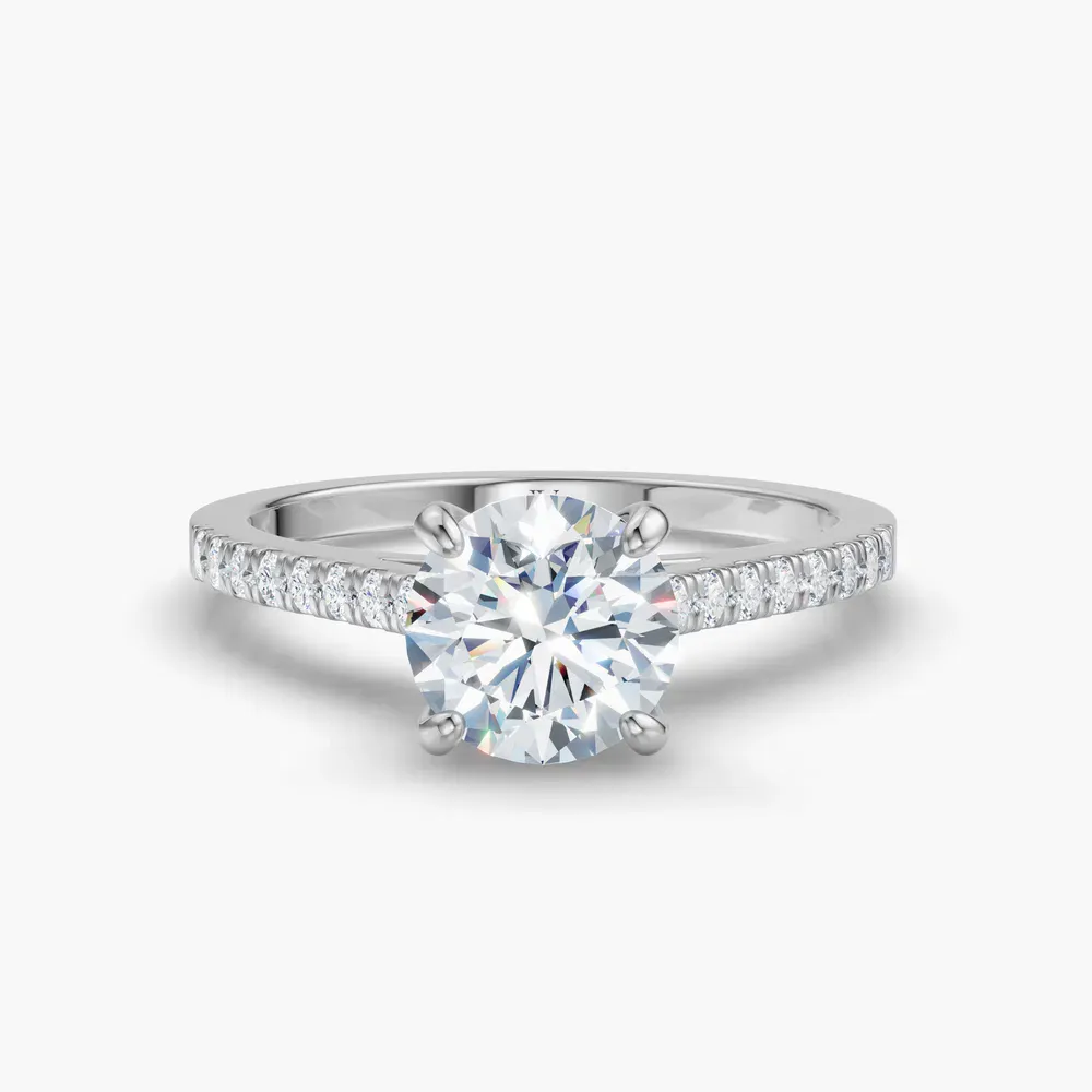 Certified 1 carat Lab Grown Diamond Round Cut Pavé, Cathedral, Four Prong Engagement Ring in 14K White Gold-Zirellun