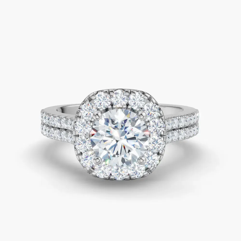 Certified 1 carat Lab Grown Diamond Round Cut Pavé, Halo, Cathedral Engagement Ring in 14K White Gold-Maelis