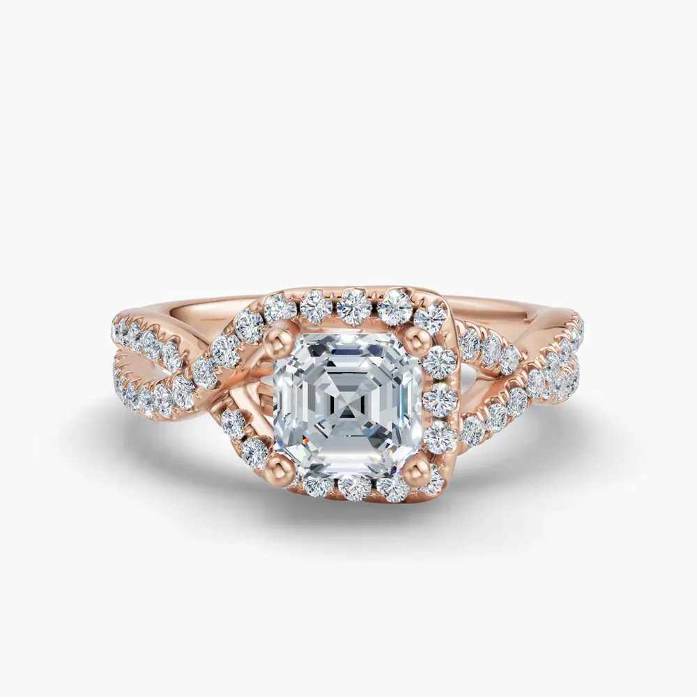 Certified 1 carat Lab Grown Diamond Asscher Cut Unique, Pavé, Halo Engagement Ring in 14K Rose Gold-Stellune