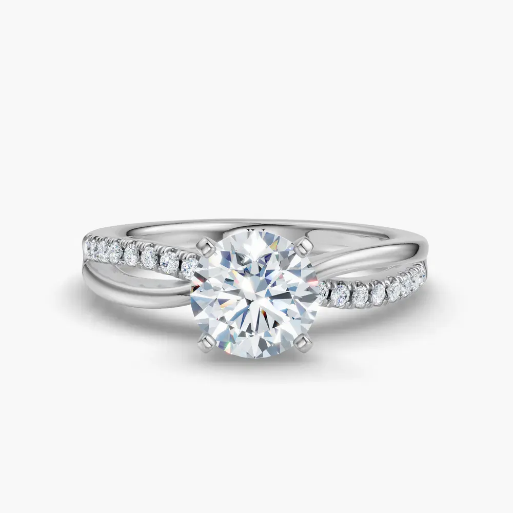 Certified 1 carat Lab Grown Diamond Round Cut Pavé, Split Shank, Four Prong Engagement Ring in 14K White Gold-Polaris