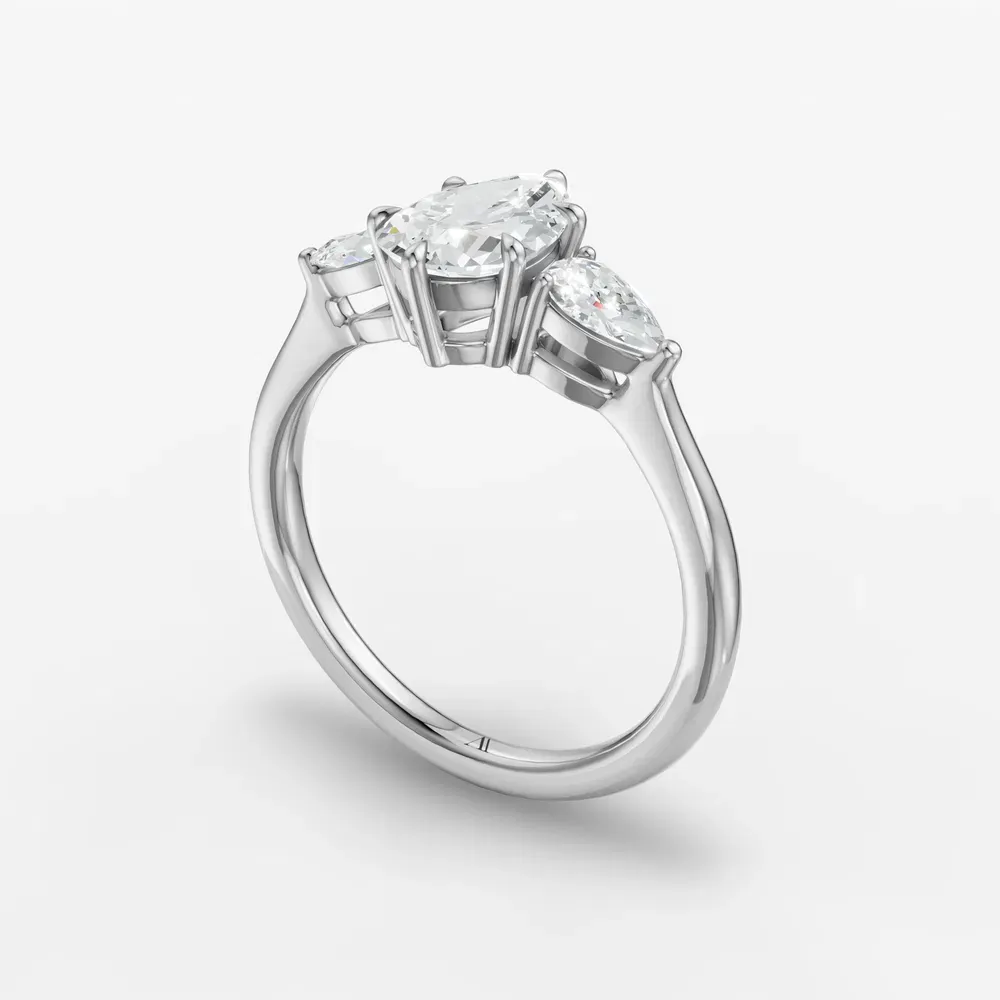 Certified 1 carat Lab Grown Diamond Pear Cut Three Stone, Side Stone, Low profile Engagement Ring in 14K White Gold-Hailu