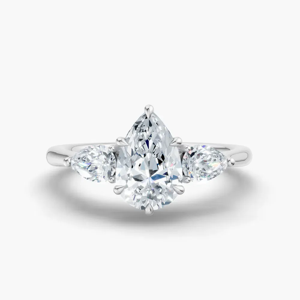 Certified 1 carat Lab Grown Diamond Pear Cut Three Stone, Side Stone, Low profile Engagement Ring in 14K White Gold-Hailu