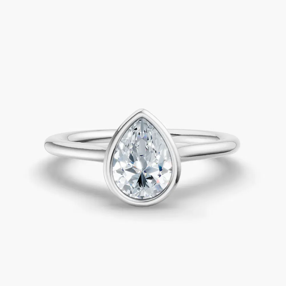 Certified 1 carat Lab Grown Diamond Pear Cut Solitaire, Bezel, Cathedral Engagement Ring in 14K White Gold-Borvi