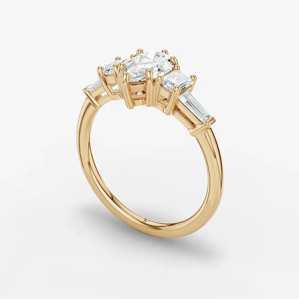 Certified 1 carat Lab Grown Diamond Pear Cut Five Stone, Baguette, Art Deco Engagement Ring in 14K Yellow Gold-Olume