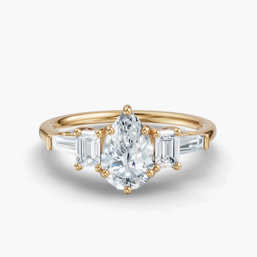 Certified 1 carat Lab Grown Diamond Pear Cut Five Stone, Baguette, Art Deco Engagement Ring in 14K Yellow Gold-Olume