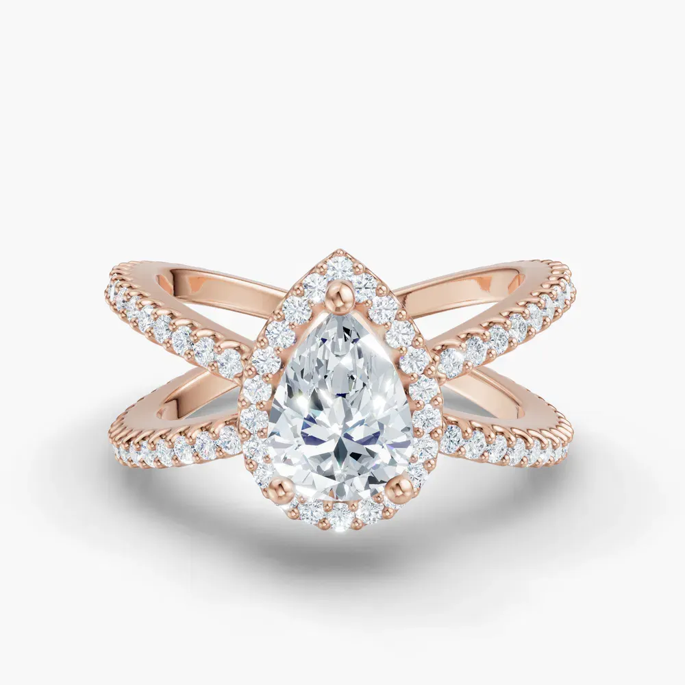 Certified 1 carat Lab Grown Diamond Pear Cut Pavé, Halo, Split Shank Engagement Ring in 14K Rose Gold-Xylius