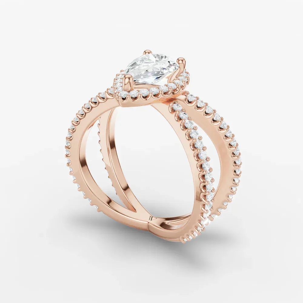 Certified 1 carat Lab Grown Diamond Pear Cut Pavé, Halo, Split Shank Engagement Ring in 14K Rose Gold-Xylius