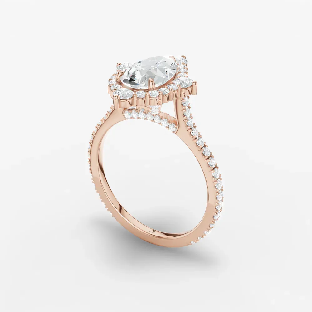 Certified 1 carat Lab Grown Diamond Pear Cut Hidden Halo, Halo, Cathedral Engagement Ring in 14K Rose Gold-Cylen