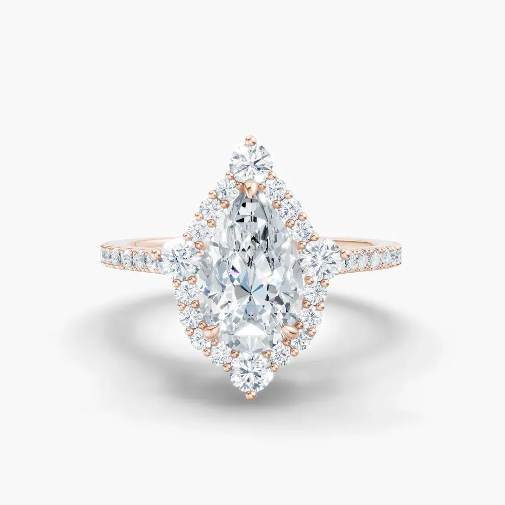 Certified 1 carat Lab Grown Diamond Pear Cut Hidden Halo, Halo, Cathedral Engagement Ring in 14K Rose Gold-Cylen