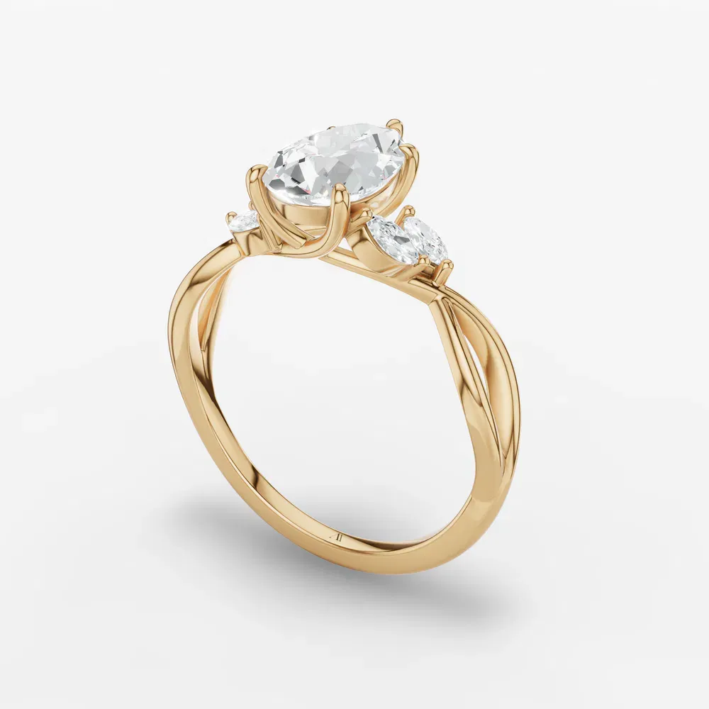 Certified 1 carat Lab Grown Diamond Pear Cut Twist, Split Shank, Side Stone Engagement Ring in 14K Yellow Gold-Mena