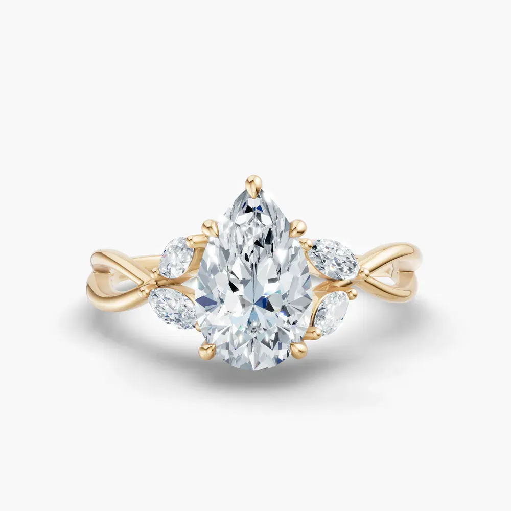 Certified 1 carat Lab Grown Diamond Pear Cut Twist, Split Shank, Side Stone Engagement Ring in 14K Yellow Gold-Mena