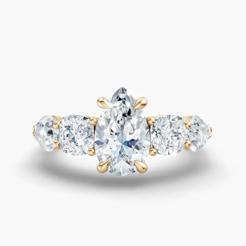 Certified 1 carat Lab Grown Diamond Pear Cut Five Stone, Side Stone Engagement Ring in 14K Yellow Gold-Riva