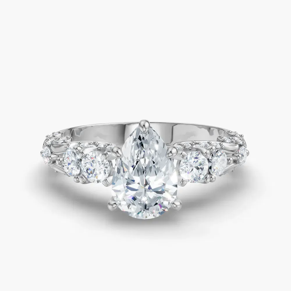 Certified 1 carat Lab Grown Diamond Pear Cut Hidden Halo, Unique, Side Stone Engagement Ring in 14K White Gold-Marinia