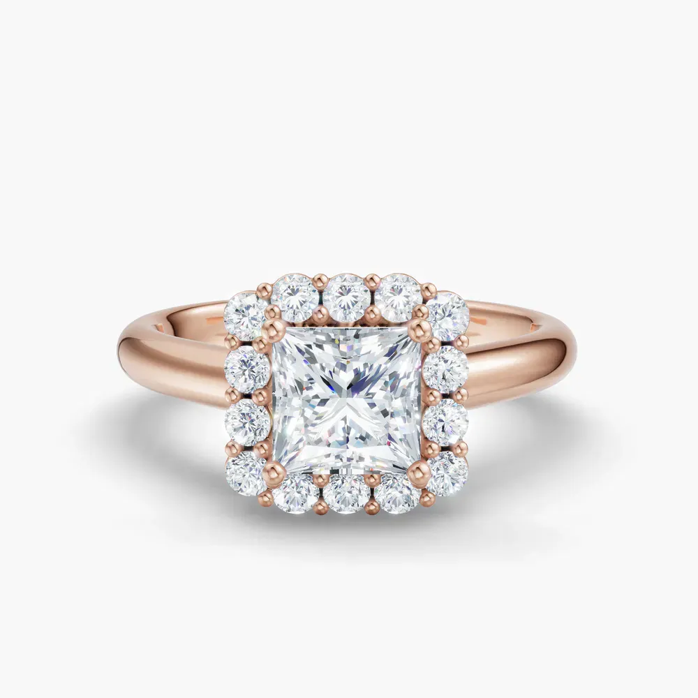 Certified 1 carat Lab Grown Diamond Princess Cut Cathedral, Halo, Floral Engagement Ring in 14K Rose Gold-Arwen