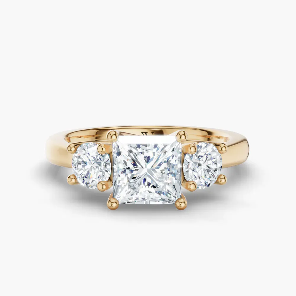 Certified 1 carat Lab Grown Diamond Princess Cut Three Stone, Side Stone, Low profile Engagement Ring in 14K Yellow Gold-Valeri