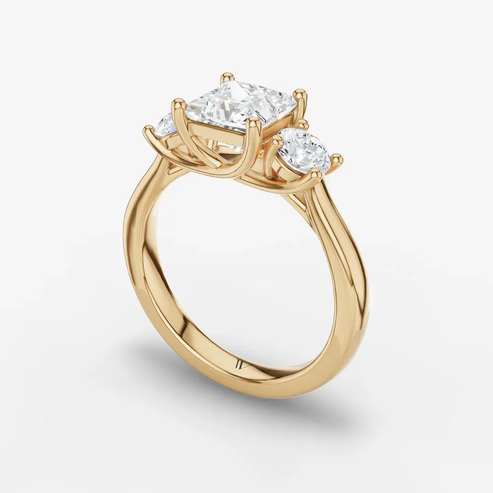 Certified 1 carat Lab Grown Diamond Princess Cut Three Stone, Side Stone, Low profile Engagement Ring in 14K Yellow Gold-Valeri