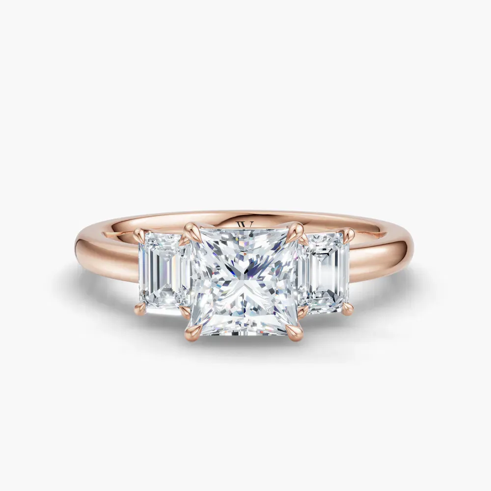 Certified 1 carat Lab Grown Diamond Princess Cut Three Stone, Side Stone, Low profile Engagement Ring in 14K Rose Gold-Nectarl