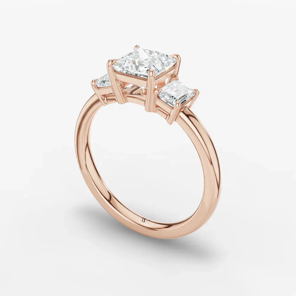 Certified 1 carat Lab Grown Diamond Princess Cut Three Stone, Side Stone, Low profile Engagement Ring in 14K Rose Gold-Nectarl