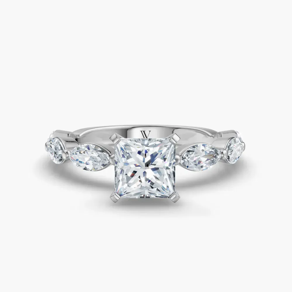 Certified 1 carat Lab Grown Diamond Princess Cut Side Stone Engagement Ring in 14K White Gold-Trind