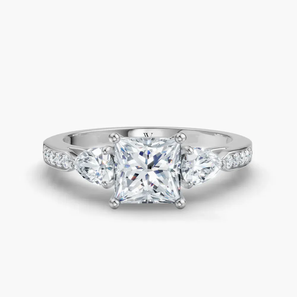 Certified 1 carat Lab Grown Diamond Princess Cut Three Stone, Pavé, Side Stone Engagement Ring in 14K White Gold-Zevd