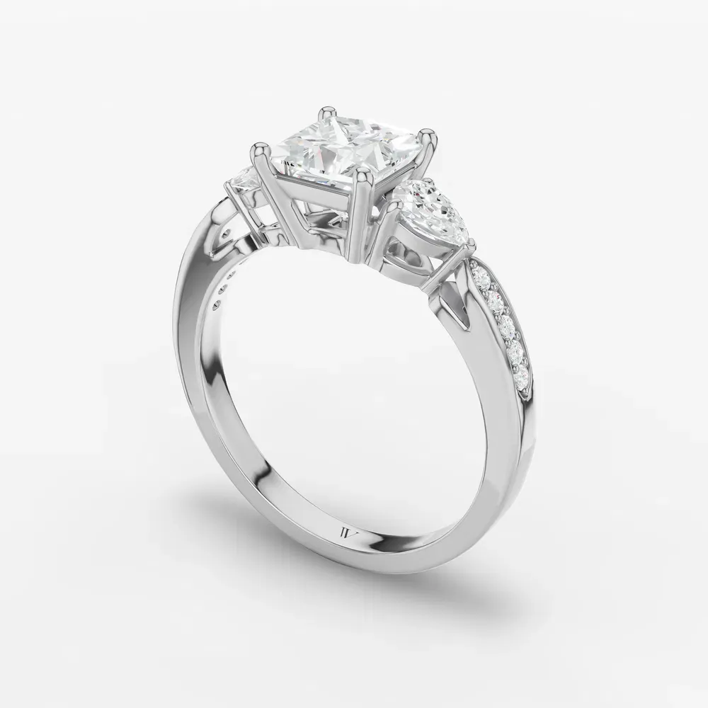 Certified 1 carat Lab Grown Diamond Princess Cut Three Stone, Pavé, Side Stone Engagement Ring in 14K White Gold-Zevd