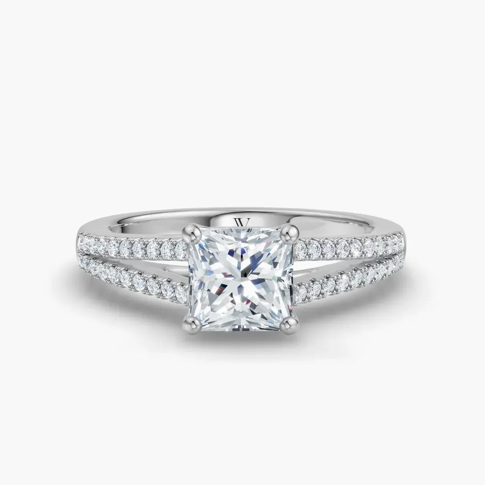 Certified 1 carat Lab Grown Diamond Princess Cut Pavé, Cathedral, Split Shank Engagement Ring in 14K White Gold-Lumy