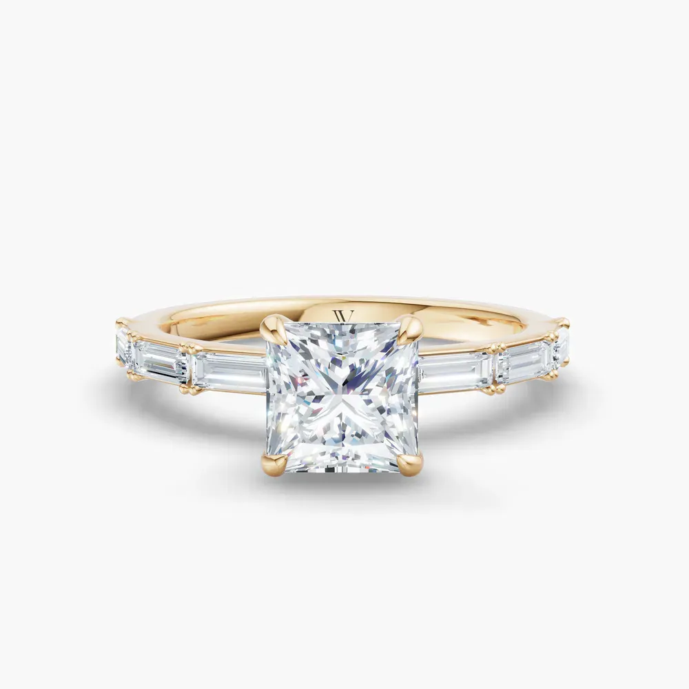 Certified 1 carat Lab Grown Diamond Princess Cut Baguette, Side Stone Engagement Ring in 14K Yellow Gold-Lunark