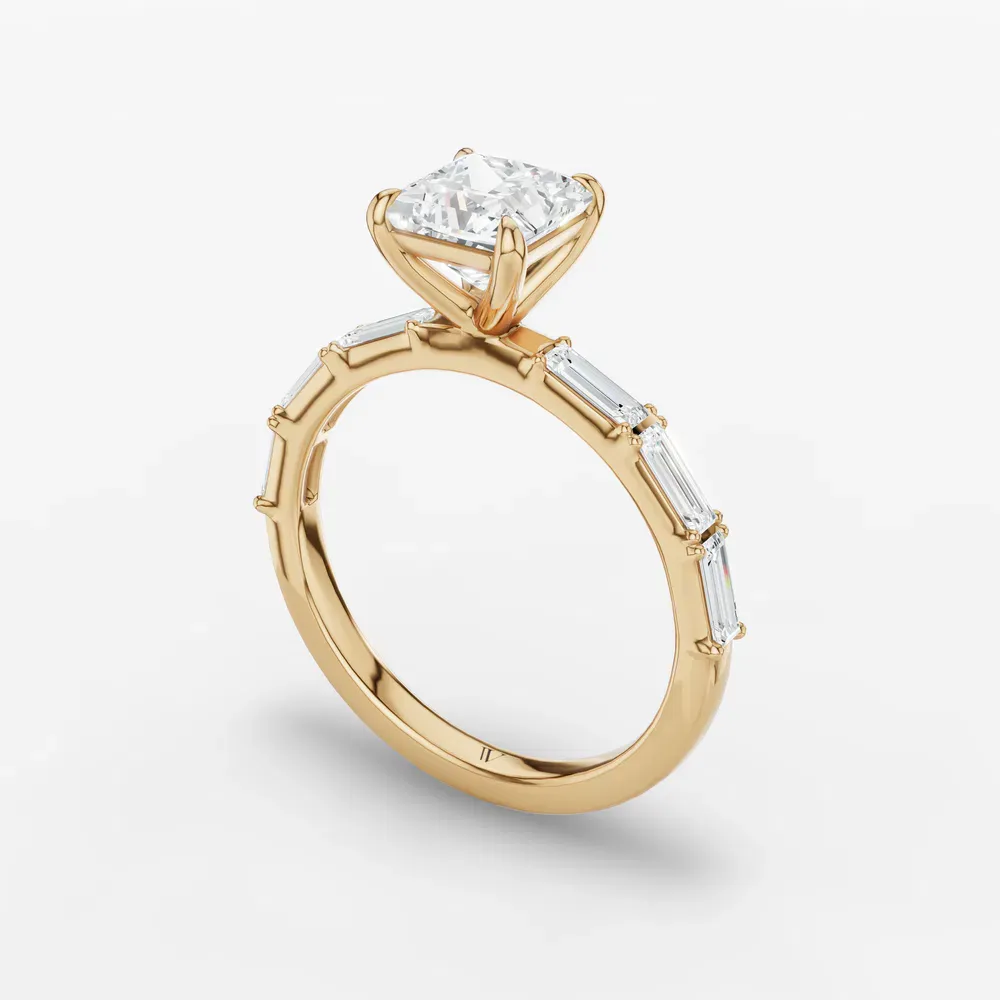Certified 1 carat Lab Grown Diamond Princess Cut Baguette, Side Stone Engagement Ring in 14K Yellow Gold-Lunark