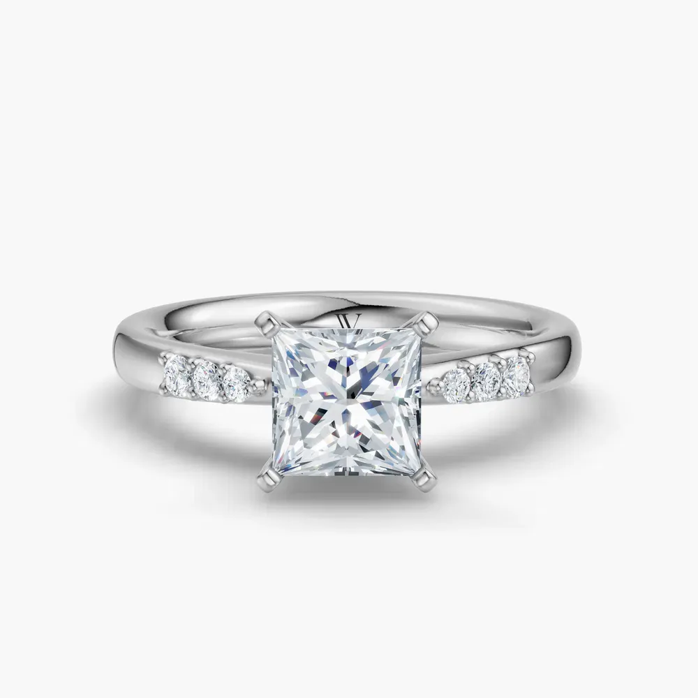 Certified 1 carat Lab Grown Diamond Princess Cut Side Stone Engagement Ring in 14K White Gold-Jubatu
