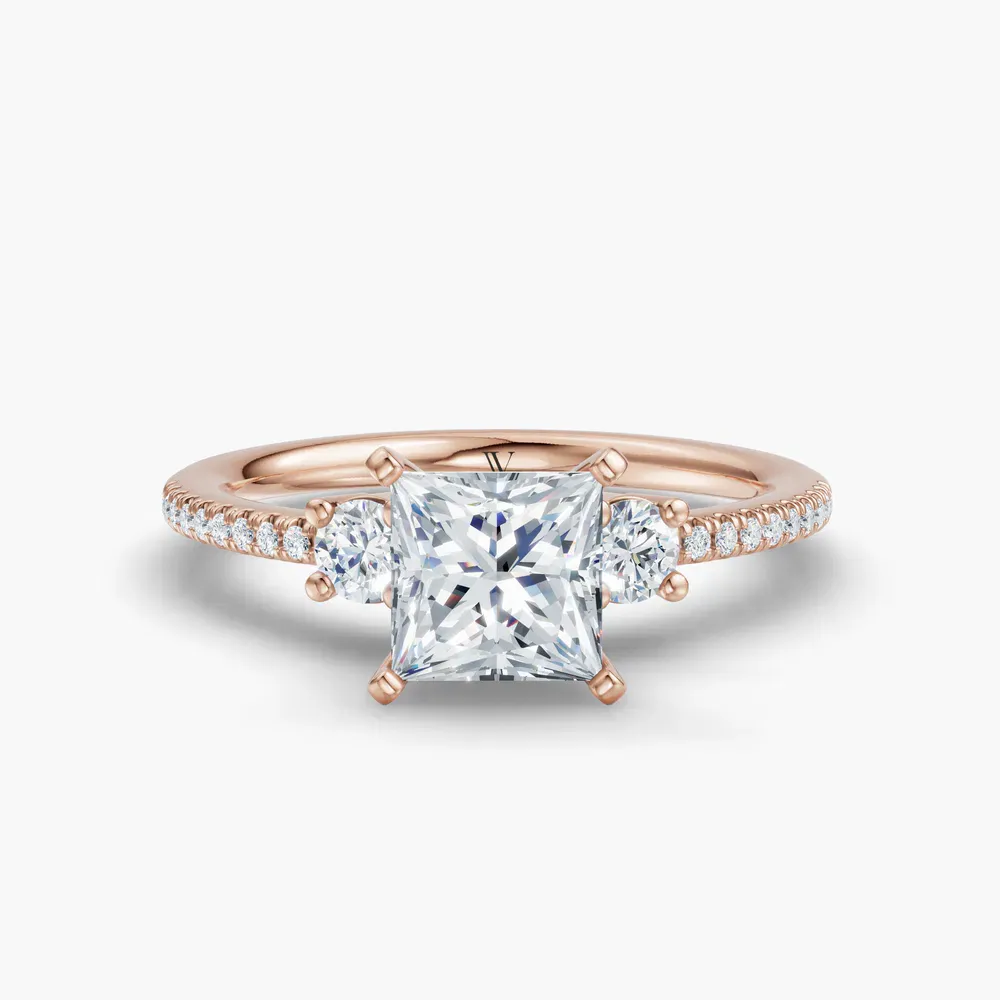 Certified 1 carat Lab Grown Diamond Princess Cut Three Stone, Pavé, Side Stone Engagement Ring in 14K Rose Gold-Vynix