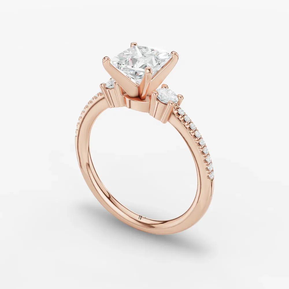 Certified 1 carat Lab Grown Diamond Princess Cut Three Stone, Pavé, Side Stone Engagement Ring in 14K Rose Gold-Vynix