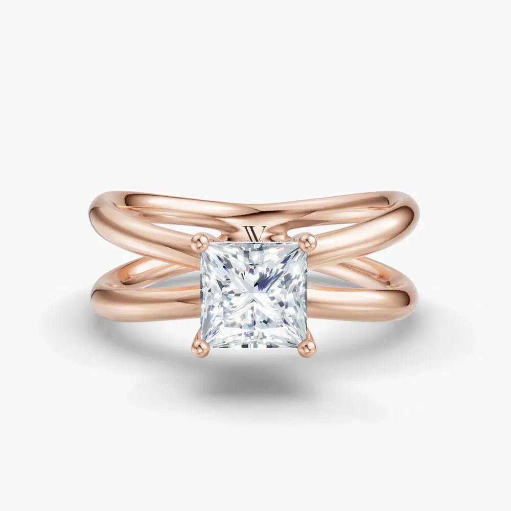 Certified 1 carat Lab Grown Diamond Princess Cut Solitaire, Split Shank, Hidden Halo Engagement Ring in 14K Rose Gold-Ryn
