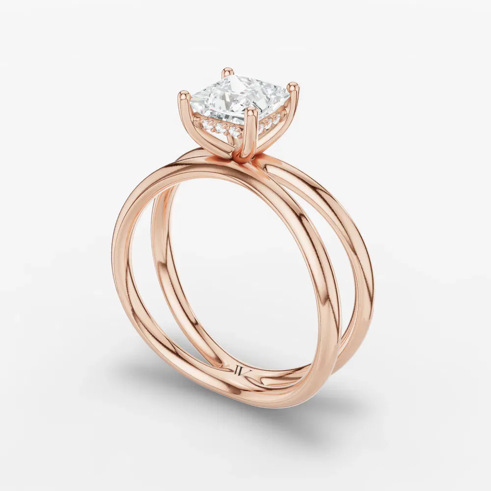 Certified 1 carat Lab Grown Diamond Princess Cut Solitaire, Split Shank, Hidden Halo Engagement Ring in 14K Rose Gold-Ryn