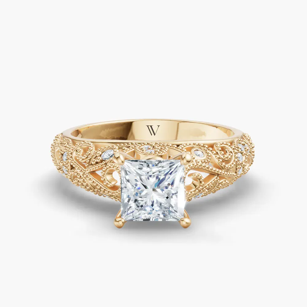 Certified 1 carat Lab Grown Diamond Princess Cut Vintage, Milgrain, Filigree Engagement Ring in 14K Yellow Gold-Jaxen