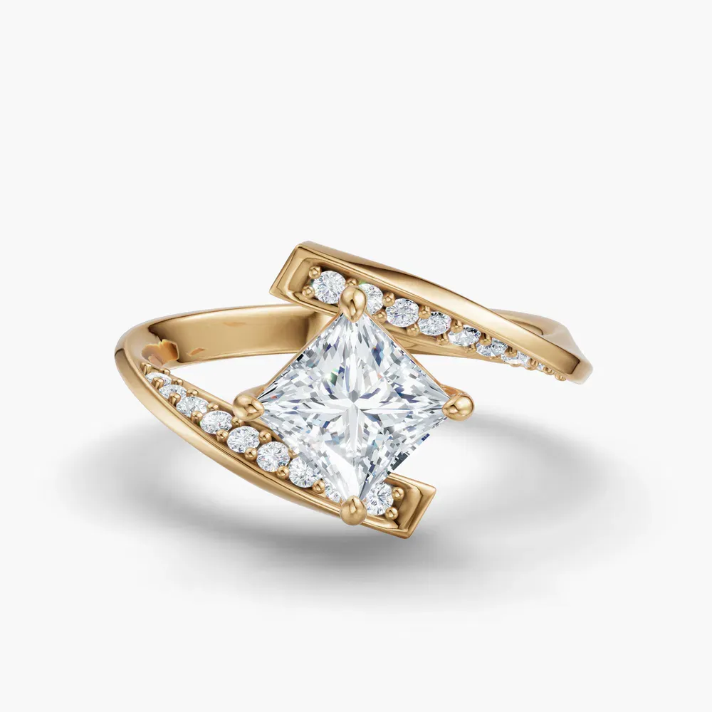 Certified 1 carat Lab Grown Diamond Princess Cut Modern, Unique, Pavé Engagement Ring in 14K Yellow Gold-Lirene