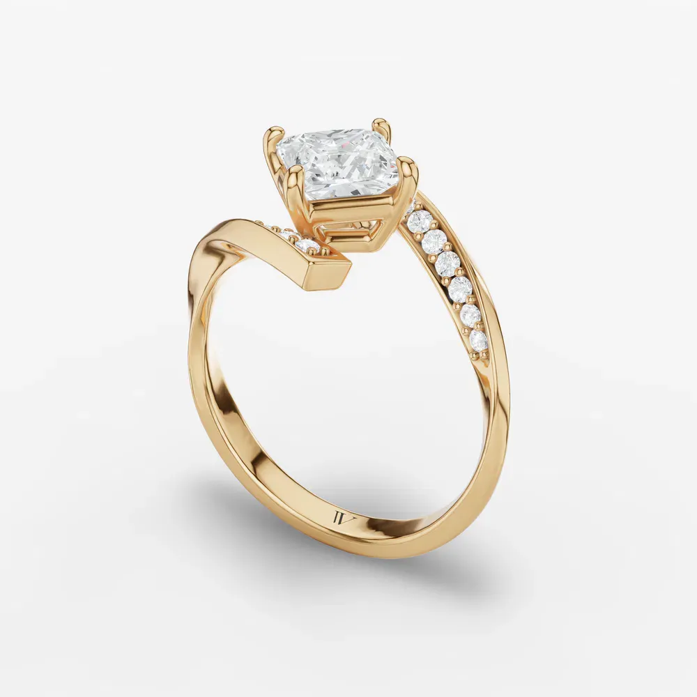 Certified 1 carat Lab Grown Diamond Princess Cut Modern, Unique, Pavé Engagement Ring in 14K Yellow Gold-Lirene