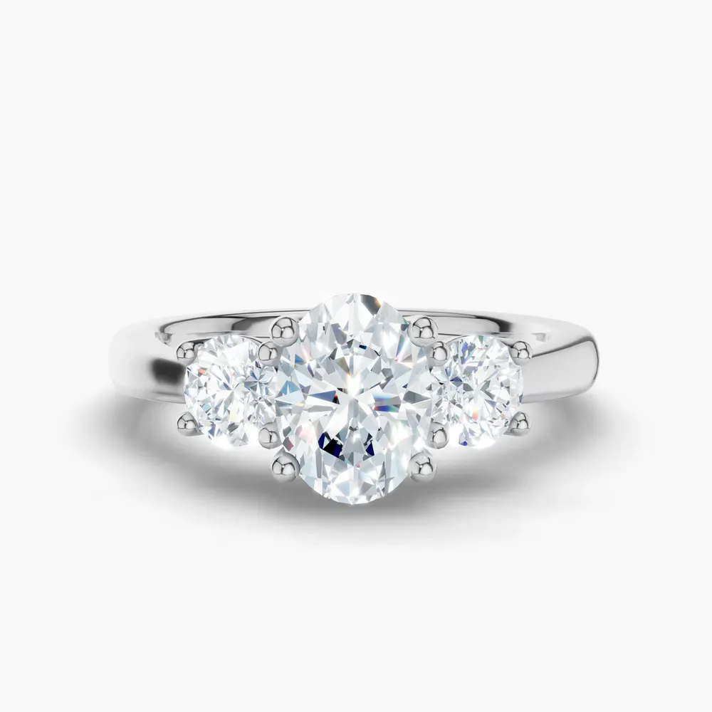 Certified 1 carat Lab Grown Diamond Oval Cut Three Stone, Side Stone, Low profile Engagement Ring in Platinum-Valeri