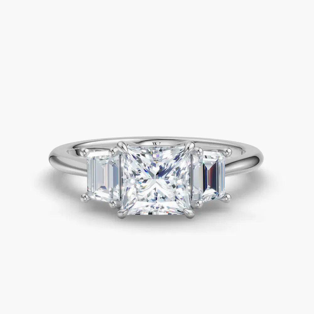 Certified 1 carat Lab Grown Diamond Princess Cut Three Stone, Side Stone, Low profile Engagement Ring in Platinum-Cygnus