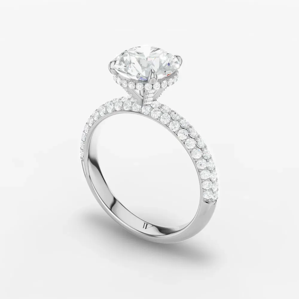 Certified 1 carat Lab Grown Diamond Round Cut Pavé, Hidden Halo, Four Prong Engagement Ring in Platinum-Lyre