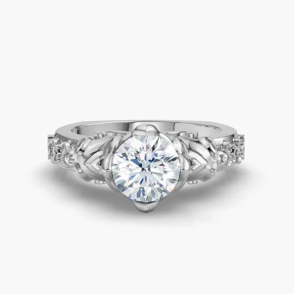 Certified 1 carat Lab Grown Diamond Round Cut Gothic, Side Stone, Four Prong Engagement Ring in Platinum-Jovena