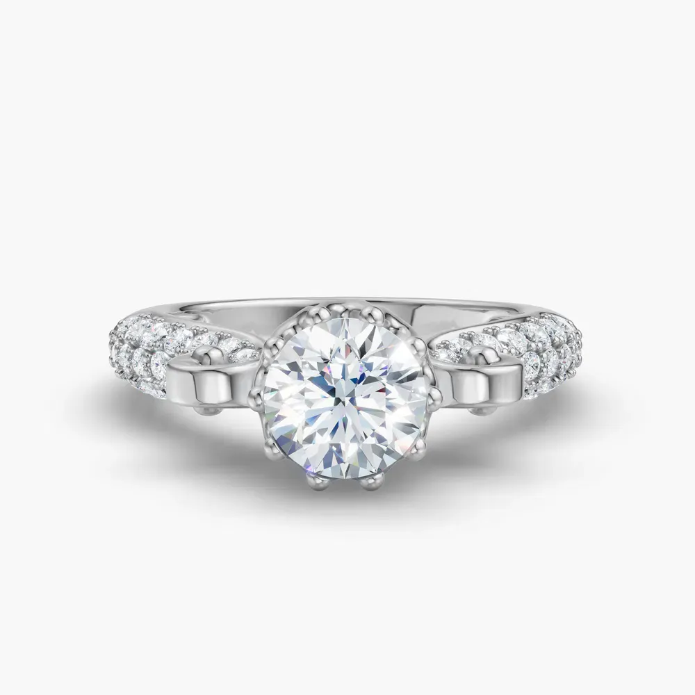 Certified 1 carat Lab Grown Diamond Round Cut Vintage, Unique, Pavé Engagement Ring in Platinum-Mystic