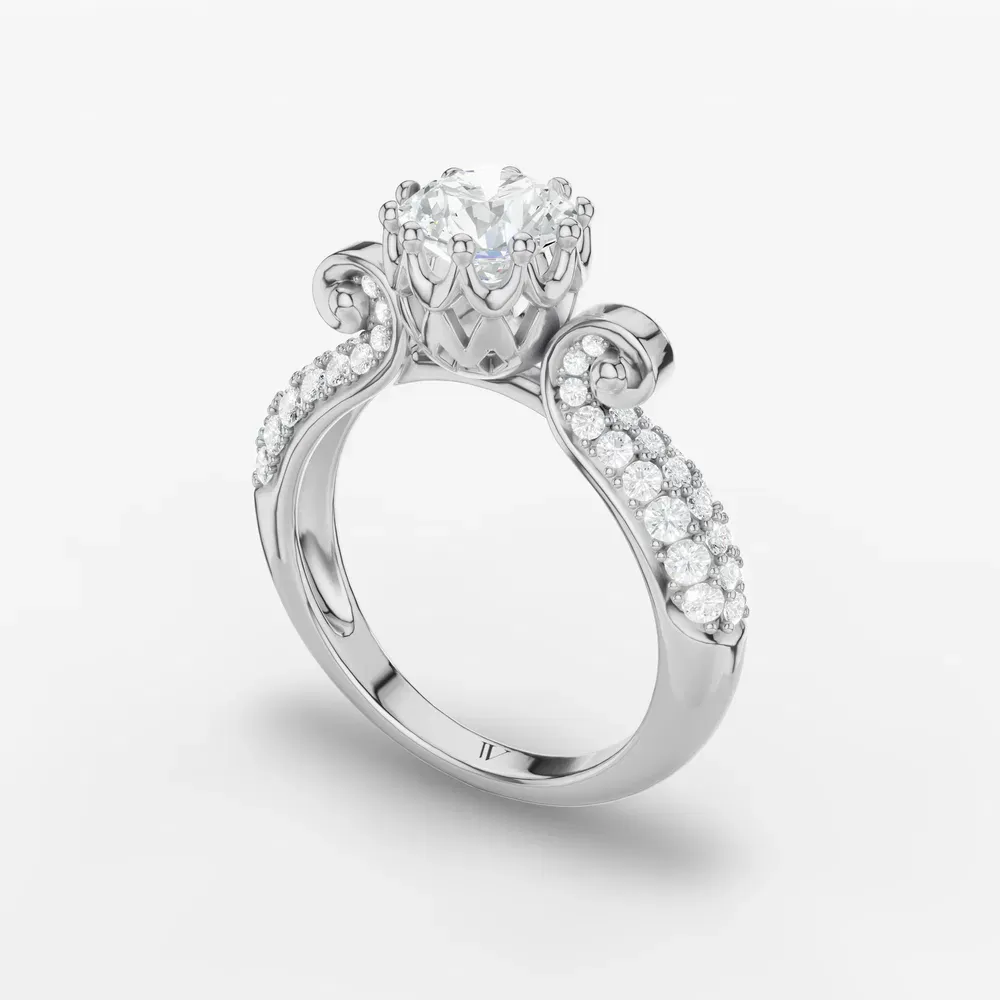 Certified 1 carat Lab Grown Diamond Round Cut Vintage, Unique, Pavé Engagement Ring in Platinum-Mystic