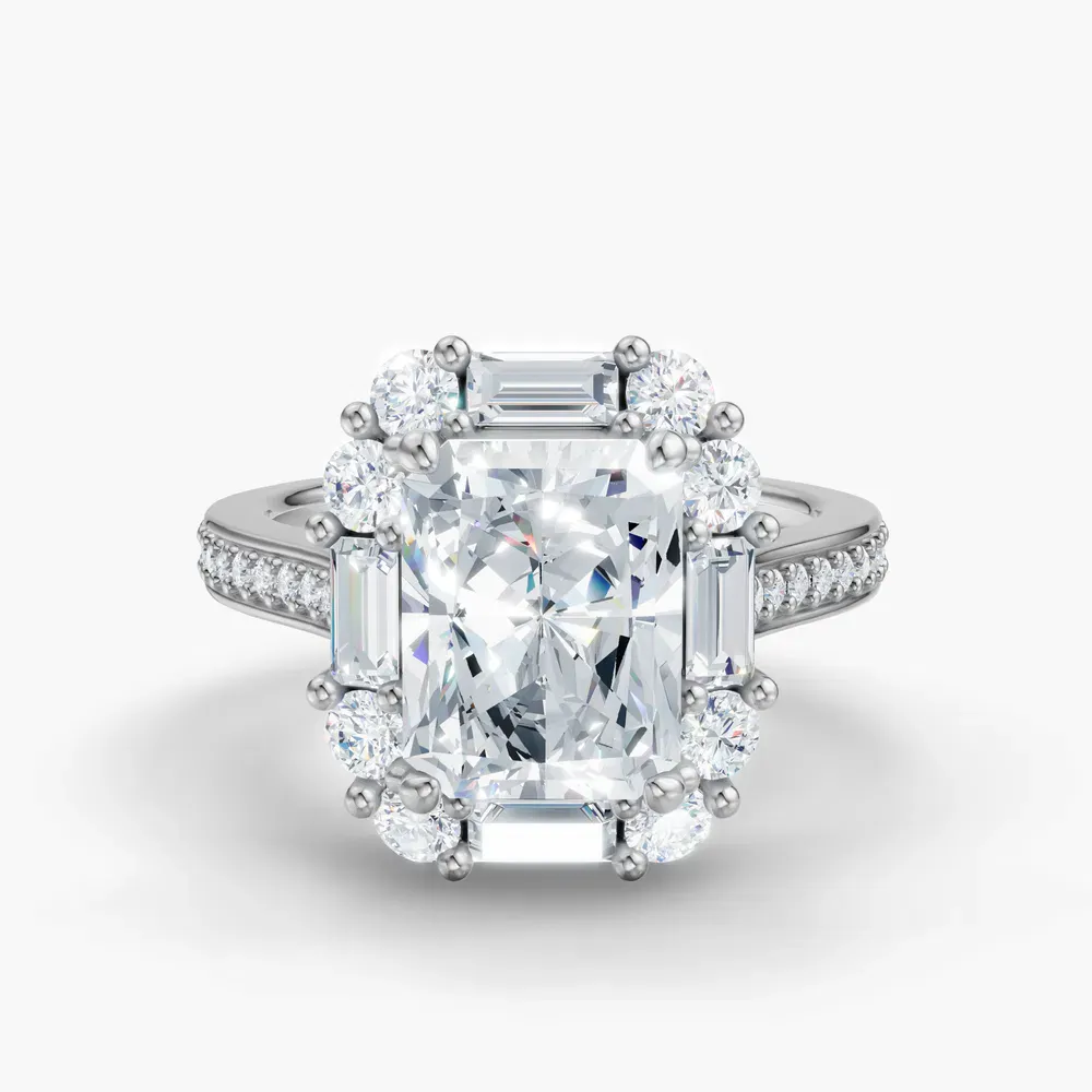 Certified 2 carat Lab Grown Diamond Radiant Cut Halo, Art Deco, Cathedral Engagement Ring in Platinum-Crysle