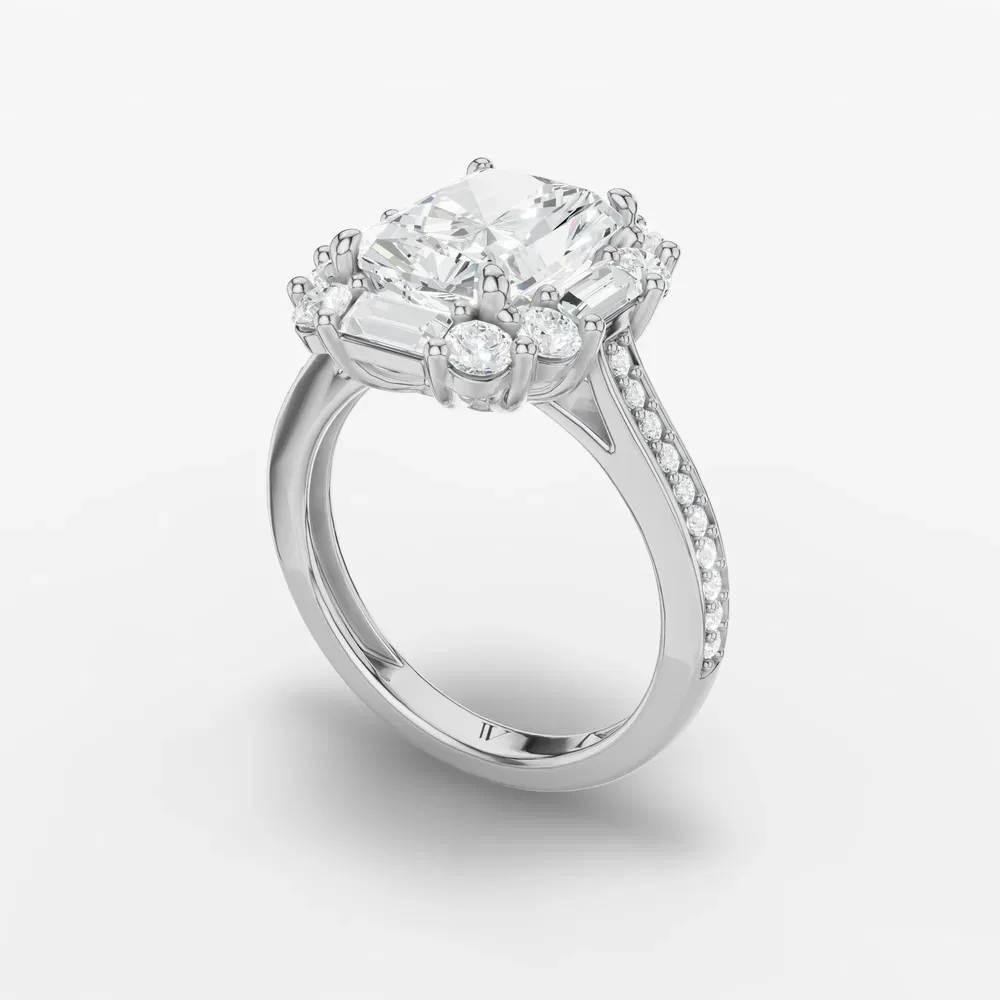Certified 2 carat Lab Grown Diamond Radiant Cut Halo, Art Deco, Cathedral Engagement Ring in Platinum-Crysle