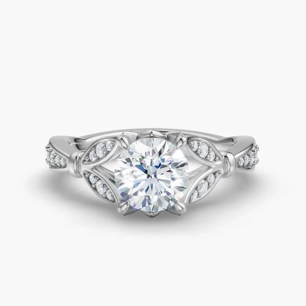Certified 1 carat Lab Grown Diamond Round Cut Cathedral, Split Shank, Nature inspired Engagement Ring in Platinum-Miran
