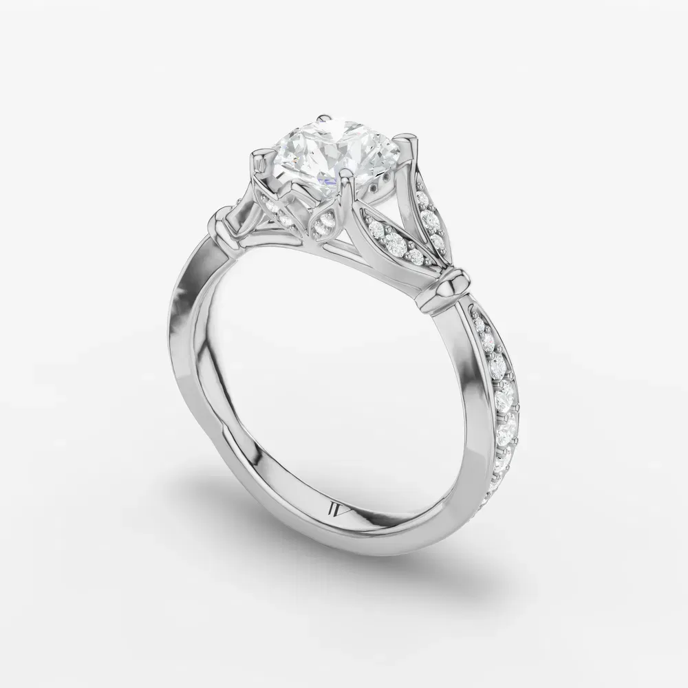 Certified 1 carat Lab Grown Diamond Round Cut Cathedral, Split Shank, Nature inspired Engagement Ring in Platinum-Miran