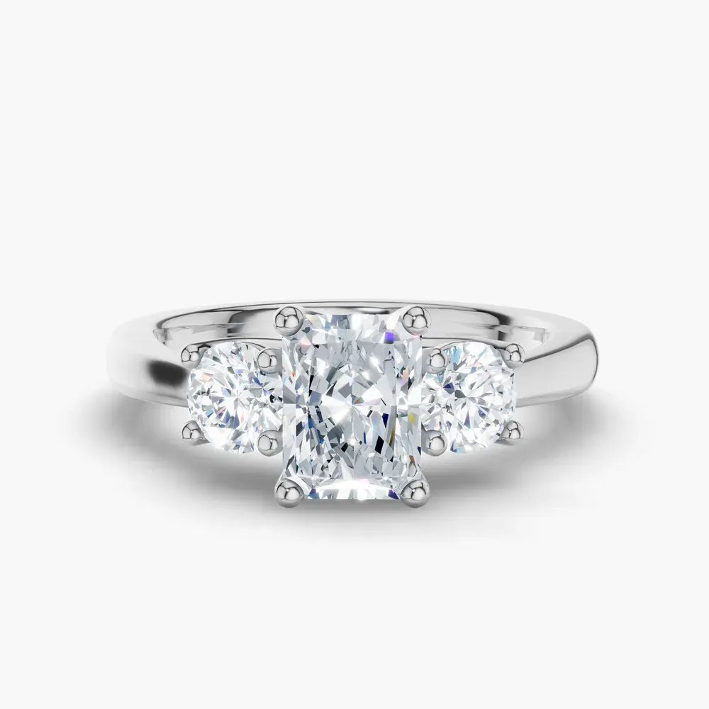 Certified 1 carat Lab Grown Diamond Radiant Cut Three Stone, Side Stone, Low profile Engagement Ring in 14K White Gold-Valeri