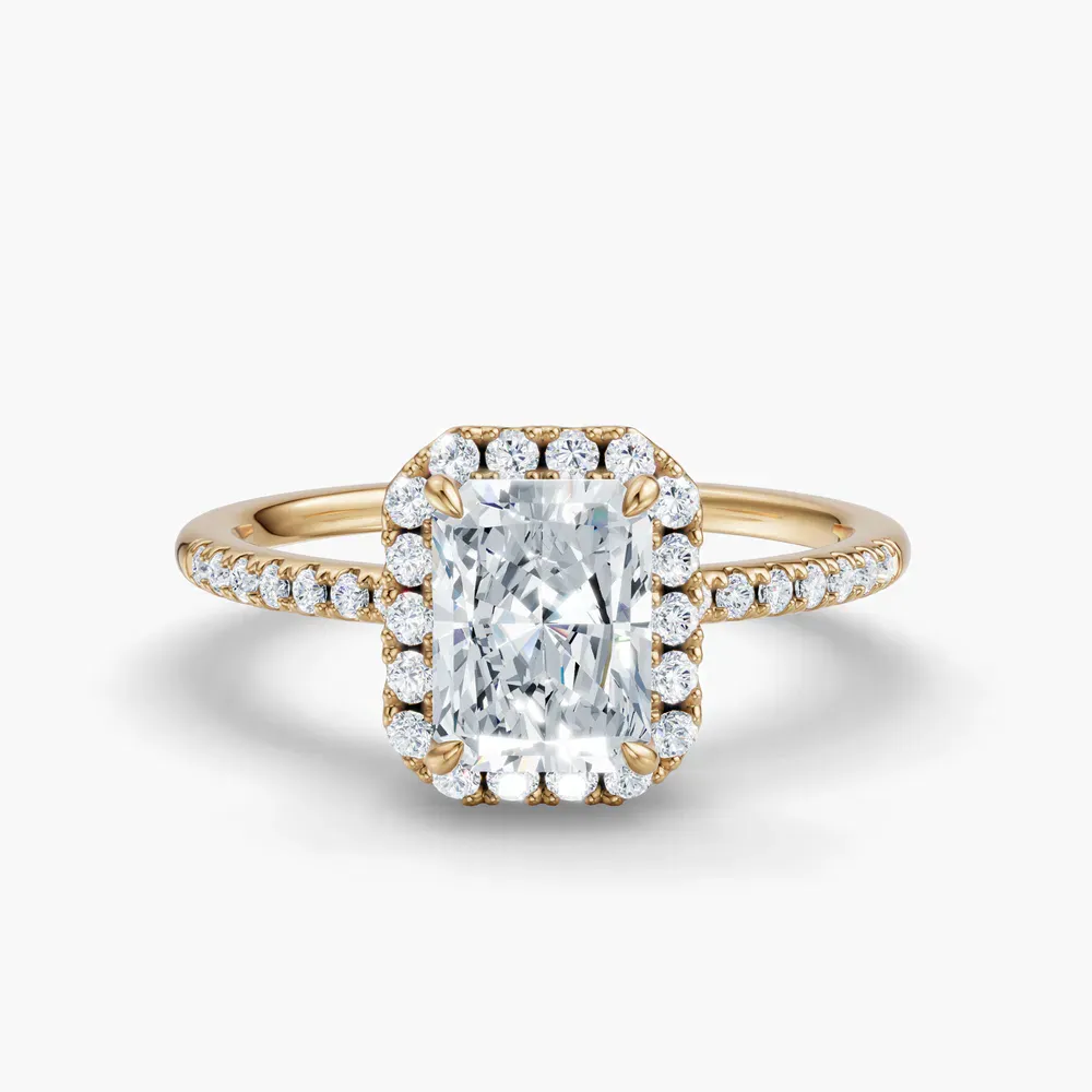 Certified 1 carat Lab Grown Diamond Radiant Cut Halo, Pavé, Classic Engagement Ring in 14K Yellow Gold-Elite Vaelumette
