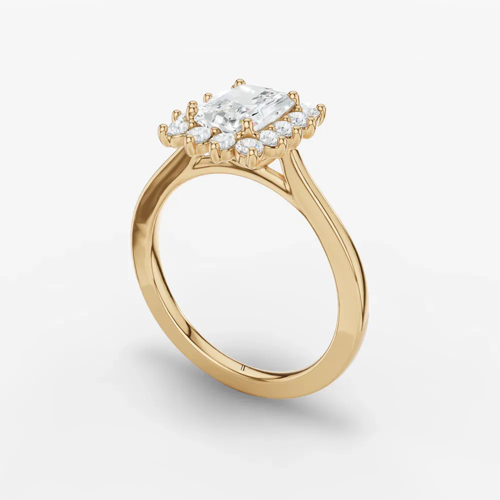 Certified 1 carat Lab Grown Diamond Radiant Cut Cathedral, Halo, Floral Engagement Ring in 14K Yellow Gold-Juncb
