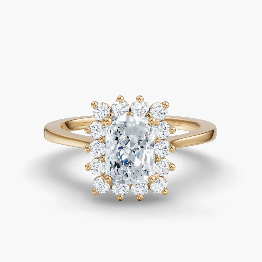 Certified 1 carat Lab Grown Diamond Radiant Cut Cathedral, Halo, Floral Engagement Ring in 14K Yellow Gold-Juncb
